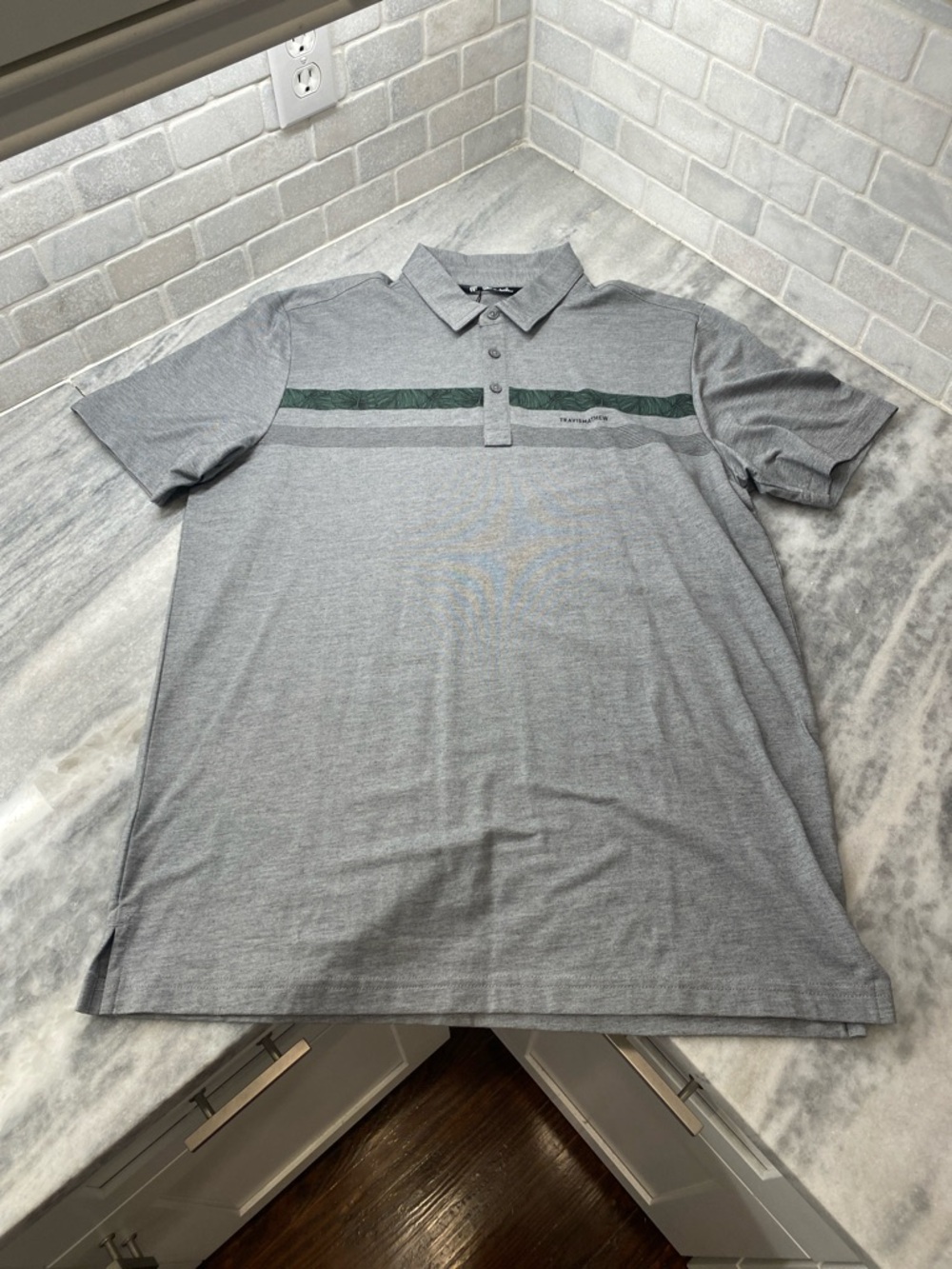 Travis Mathew Men’s Light Gray Polo with Dark Green Stripe